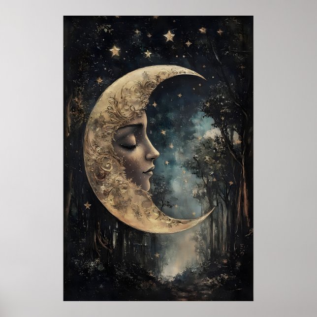 Moon Face In Forest Print, Gothic Witchy Poster (Frente)