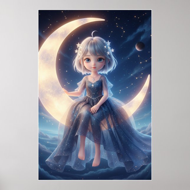 Moon Fairy Starry Night Art Poster (Frente)