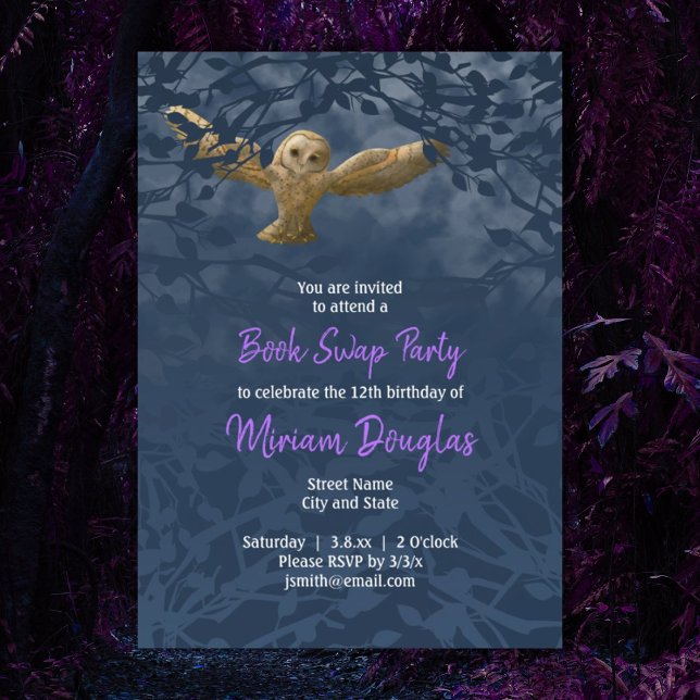 Moonlit Barn Owl, Cartão Azul da Floresta à Meia-N (blue purple forest magical fantasy owl in flight girls birthday )