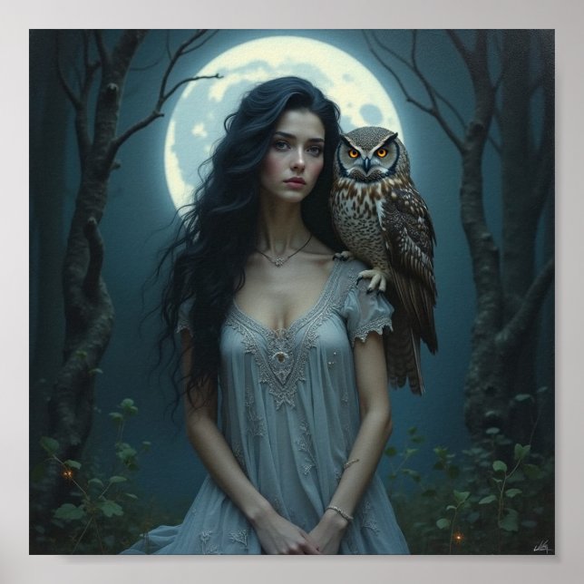 Moonlit Guardian – Fantasy Woman & Owl Art Poster (Frente)