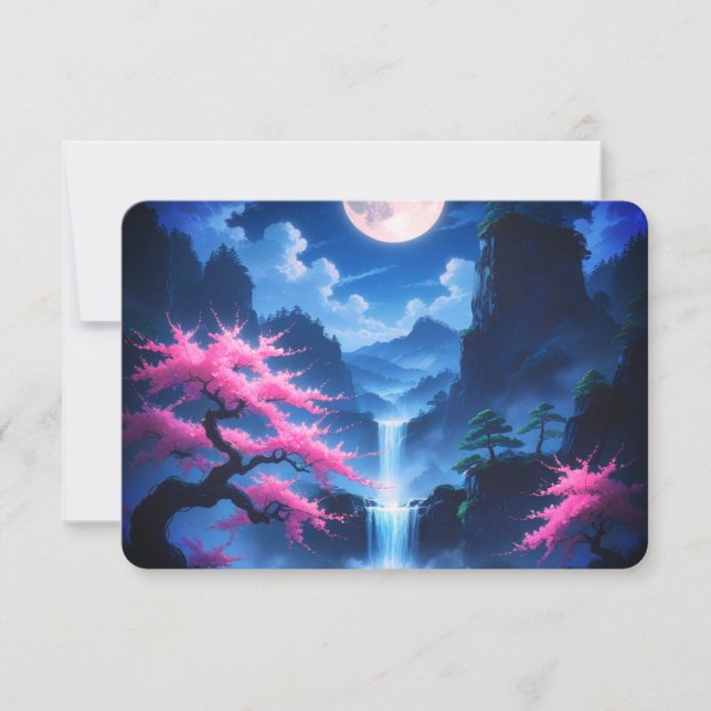 Moonlit Sakura & Waterfall Japanese RSVP Card - El (Frente)