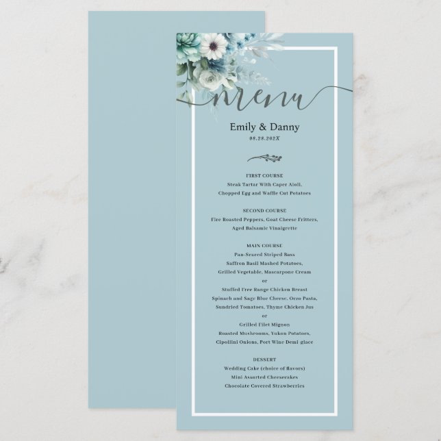 Morandi Ash Blue Elegant Botanical Wedding Menu (Frente/Verso)