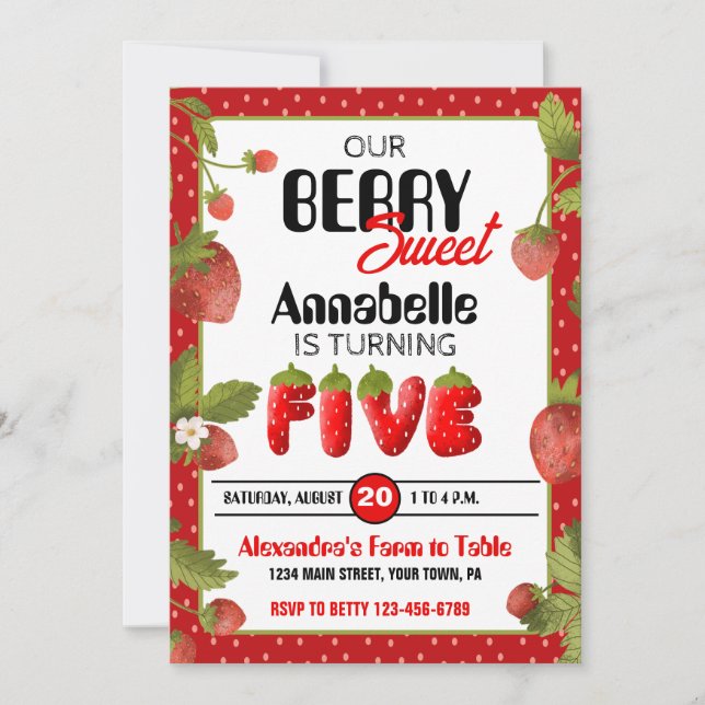 Morango Cinco Convites de aniversário (Frente)