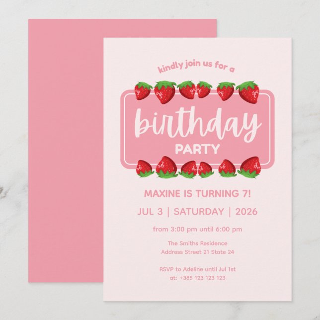 Morangos Cons Convite de aniversário Rosa (Frente/Verso)