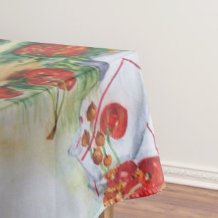 Morangos num cesto de estanho, toalha de mesa