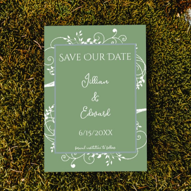 Moss Green Flourish Salve O Anúncio De Data (Moss Green Flourish Save the Date Wedding Announcement)