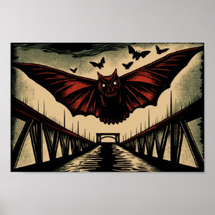 Mothman e Bridge Spooky Woodcut Art Impressão