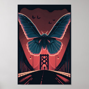 Mothman e Bridge Spooky Woodcut Art Impressão
