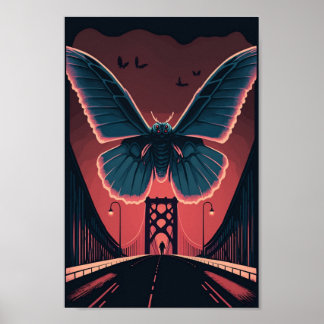 Mothman e Bridge Spooky Woodcut Art Impressão