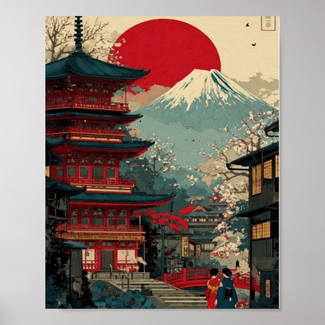 Mount Fuji & Red Pagoda Poster – Japanese Sunrise  (Frente)