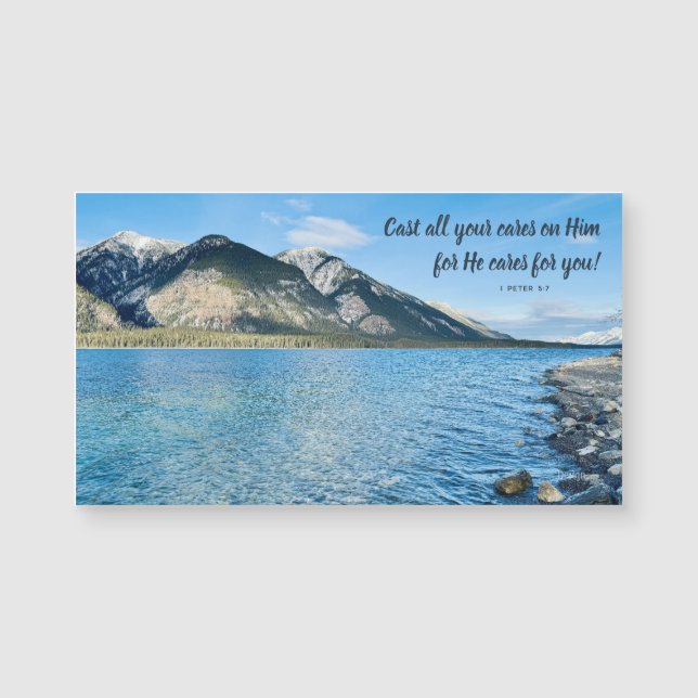 Mountain Lake Cast Your Cares Inspiring Magnet (Frente)