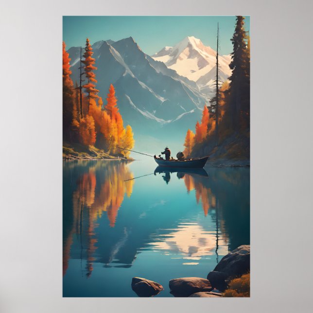 Mountain Lake Fishing Nature Poster (Frente)