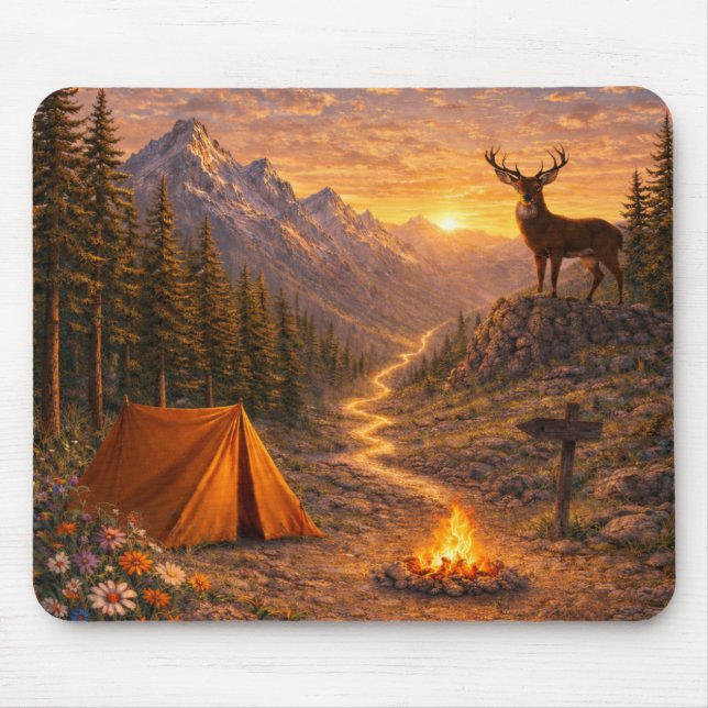 Mountain Sunset Deer Campsite Mouse Pad (Frente)
