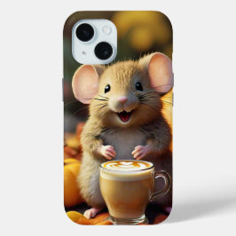 Mouse Adorável com Latte no iPhone 15 de outono