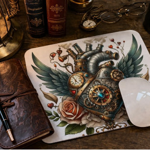 Mouse Pad Coração Steampunk Vintage Mecânico