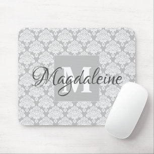 Mouse Pad Damask cinza com Monograma e Nome