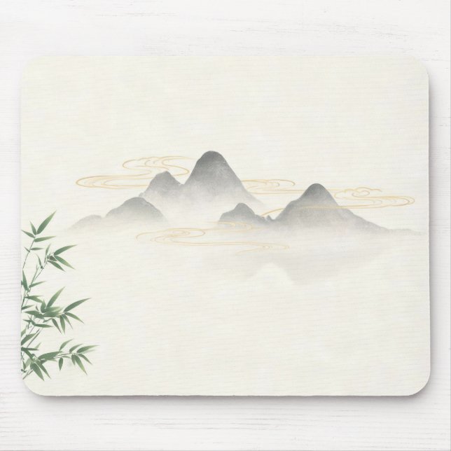 Mouse Pad de Bambu Montanha de Tinta Zen Chinesa,  (Frente)