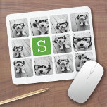 Mousepad 11 Colagem de Fotografias - Monograma Verde Branco<br><div class="desc">Adicione seus fotos favoritos a este modelo divertido. Você pode usar fotos quadradas ou quaisquer fotos para esta grade. Kelly Green e White - Um design de monograma de tendências com um toque moderno. Use 11 fotos quadradas para criar lembrança de família. Os cantos dos quadros são arredondados para uma...</div>