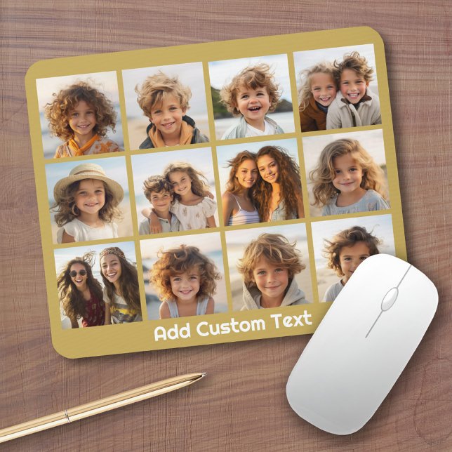Mousepad 12 Colagem de Fotos com Dourado Fundo (Personalized mousepad - Add Photos and Custom Text)