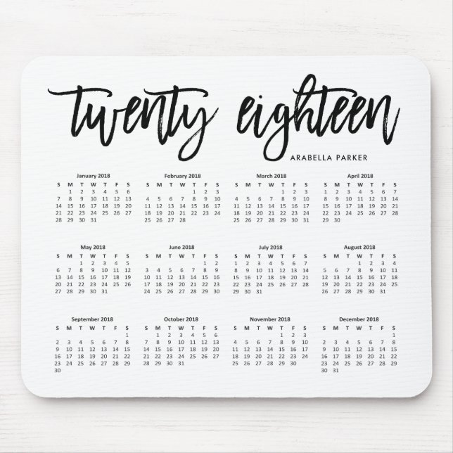 Mousepad 2018 tipografia moderna do calendário | (Frente)
