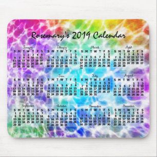 Mousepad 2019 Ano Calendário Mensal Tiedye Hippie Rainbow