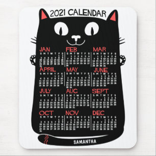 Mousepad 2021 Year Monthly Calendar Mid-Century Black Cat