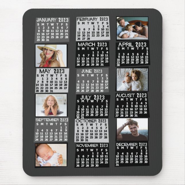 Mousepad 2023 Ano Calendário Mensal Colagem de Foto Preta (Frente)