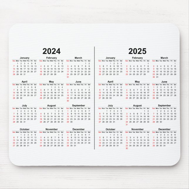 Mousepad 2024 2025 Calendário 2 anos preto branco (Frente)