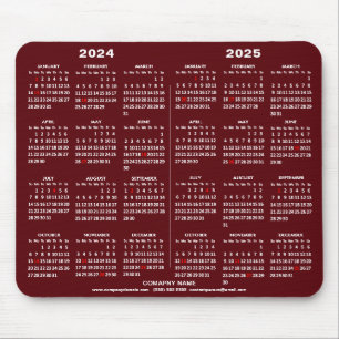 Mousepad 2024 - 2025 Calendário de 2 anos Negócios Vermelho