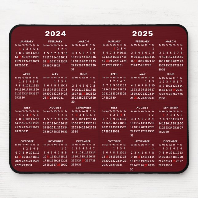 Mousepad 2024 - 2025 Calendário Vermelho Simples com Feriad (Frente)