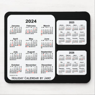 Mousepad 2024-2026 Calendário de 3 anos de feriado preto de