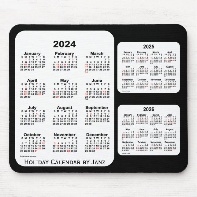 Mousepad 2024-2026 Calendário de 3 anos de feriado preto de (Frente)