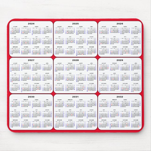 Mousepad 2024 - 2032 Calendário com feriados norte-american (Frente)