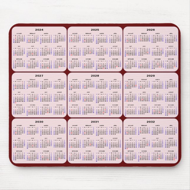 Mousepad 2024 - 2032 Calendário com feriados nos EUA - Rosa (Frente)