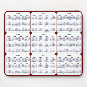 Mousepad 2024 - 2032 Calendário com Red Burgundy sobre feri