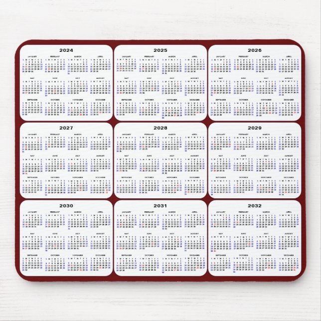 Mousepad 2024 - 2032 Calendário com Red Burgundy sobre feri (Frente)