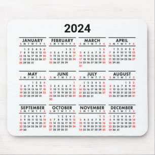 Mousepad 2024 Ano Num Calendário Vermelho, Preto E Branco