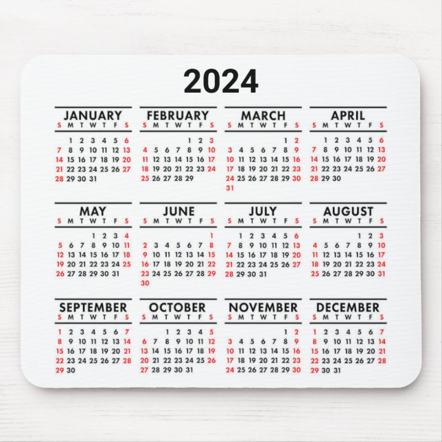 Mousepad 2024 Ano Num Calendário Vermelho, Preto E Branco (Frente)