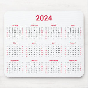 Mousepad 2024 Ano - Resumo do calendário vermelho e branco