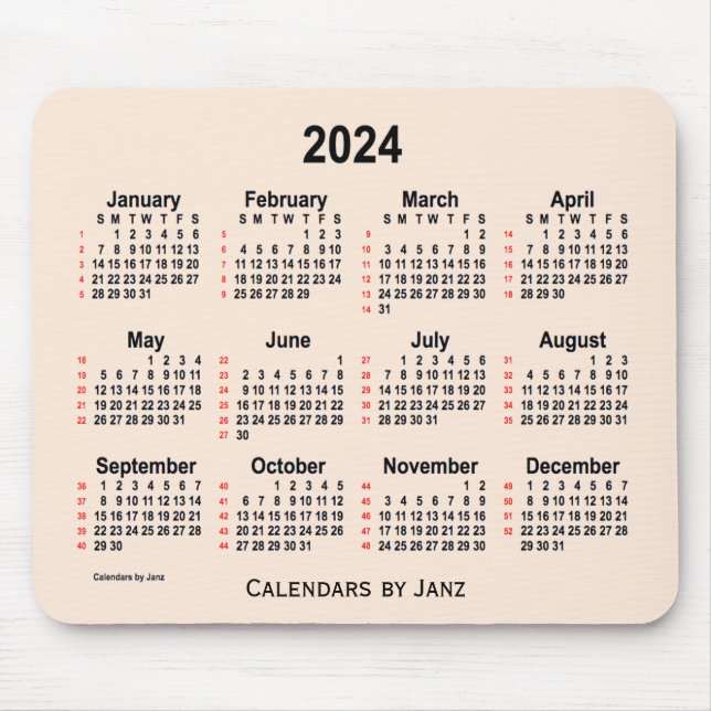 Mousepad 2024 Calendário de 52 Semanas Branco Antiquado de  (Frente)