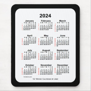 Mousepad 2024 Calendário de 52 Semanas com Dois Tons Pretos