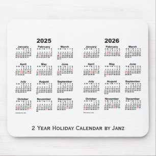Mousepad 2025-2026 Calendário branco de férias de 2 anos de