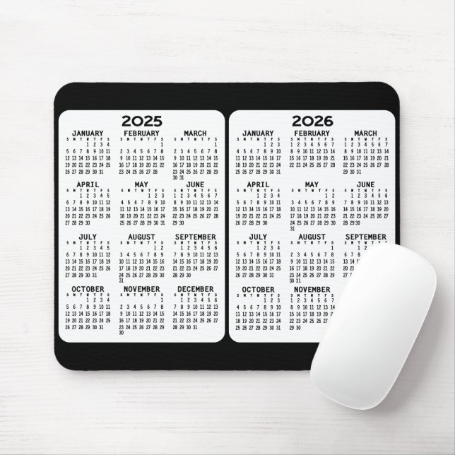 Mousepad 2025 2026 - Calendário de 2 anos - vista anual (Com mouse)