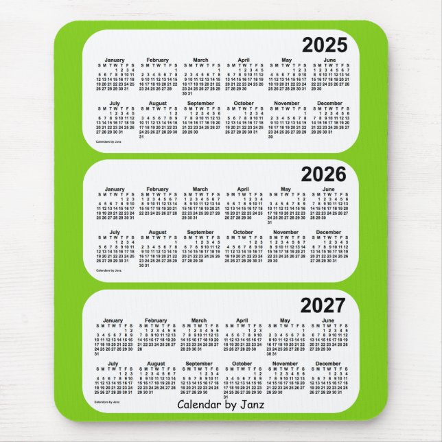 Mousepad 2025-2027 Calendário Amarelo Verde de 3 Anos por J (Frente)