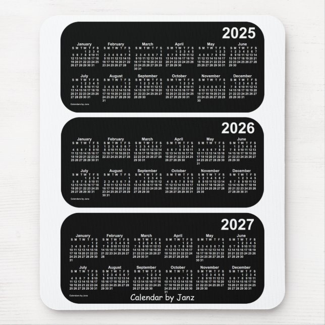 Mousepad 2025-2027 Calendário Branco Neon de 3 Anos, de Jan (Frente)