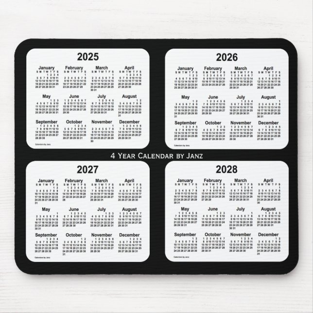 Mousepad 2025-2028 Calendário de 4 anos preto e branco de J (Frente)