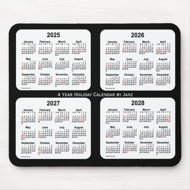Mousepad 2025-2028 Calendário de feriado preto e branco de  (Frente)