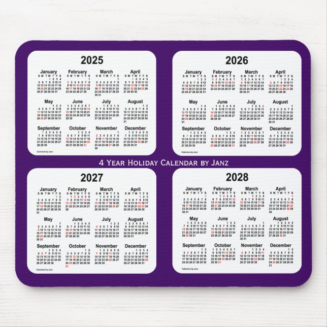 Mousepad 2025-2028 Calendário de Férias Roxas de Janz (Frente)