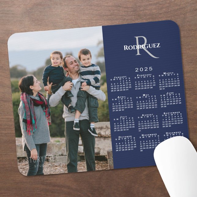 Mousepad 2025 Calendar Custom Photo Monogram Name Navy (2025 Calendar Custom Photo Monogram Name Navy Mouse Pad in situ)