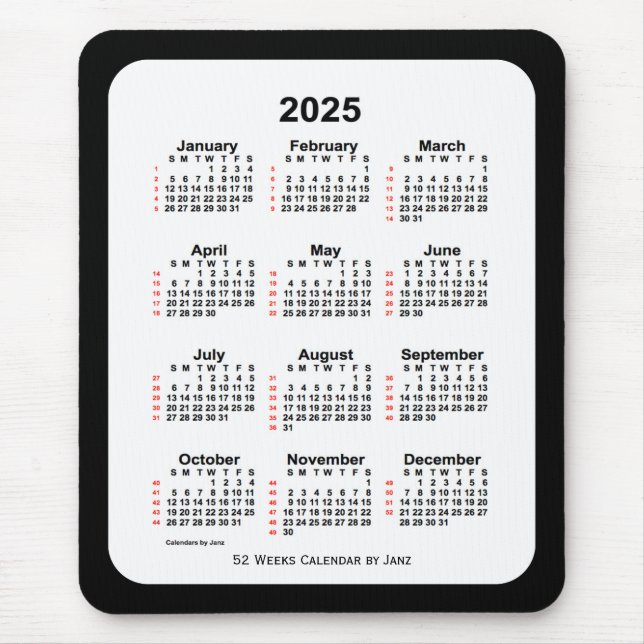 Mousepad 2025 Calendário de 52 Semanas com Dois Tons Pretos (Frente)
